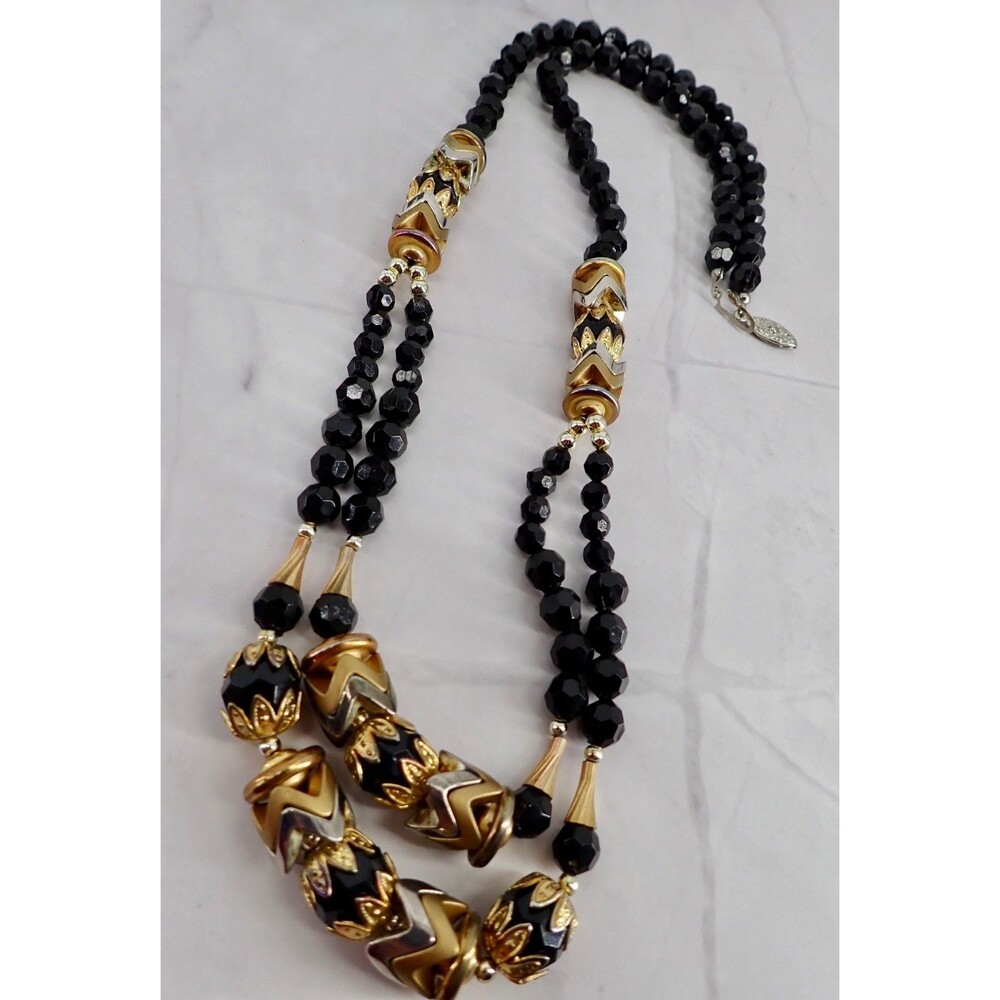 Vintage Black Glass Gold Silver Beaded Chevron Double Strand Necklace Box Clasp